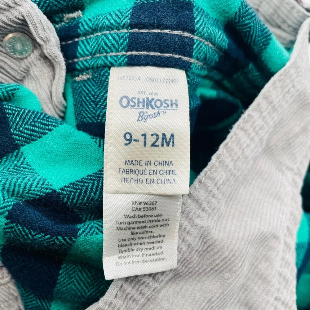 EUC OshKosh B'gosh Vestbak Corduroy Plaid Flannel Lined Overalls Gray Baby 9-12M